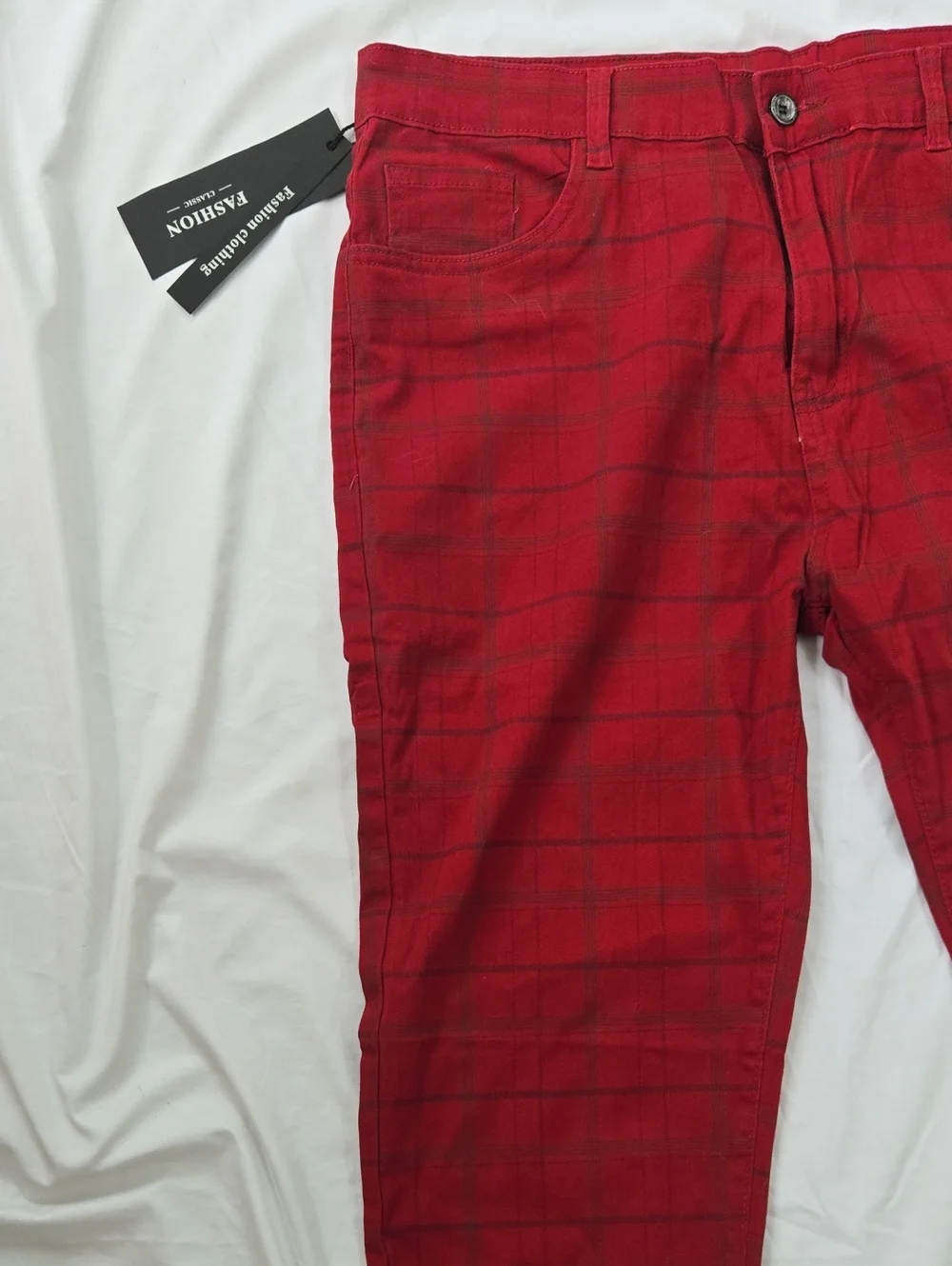 Men's Red Plaid Pants, Plaid Lines Black And Some Blue
